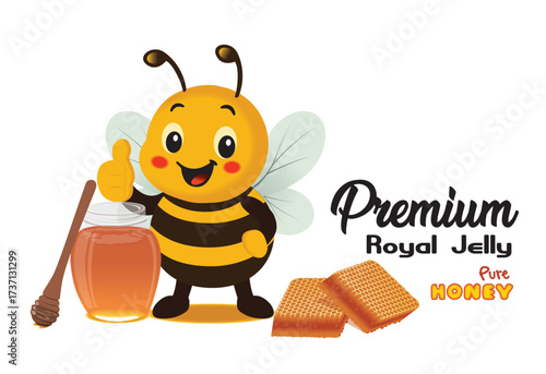 Cheerful Bee with Honey Jar Honeycomb and Thumbs Up for Premium Royal Jelly