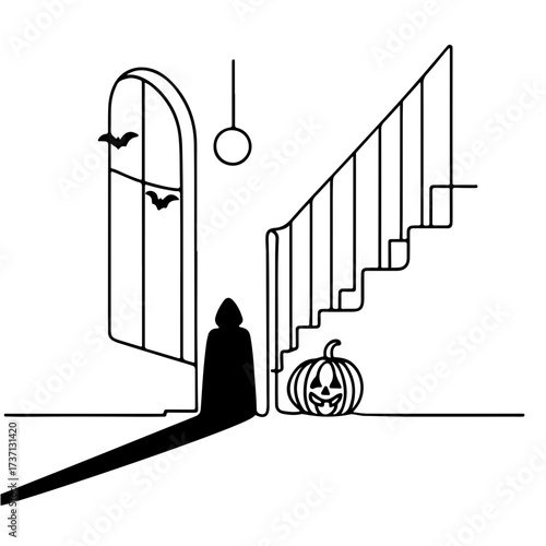 Silhouette person in cloak with pumpkin near stairs and window with bats line art illustration