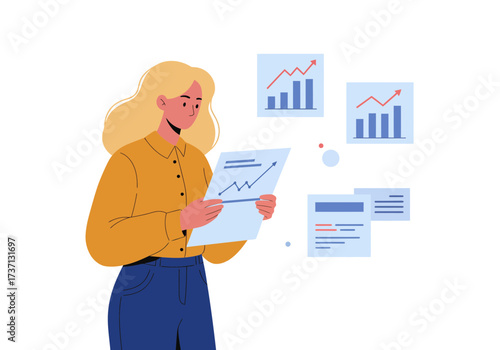Businesswoman analyzing financial reports and charts data analysis concept office work.