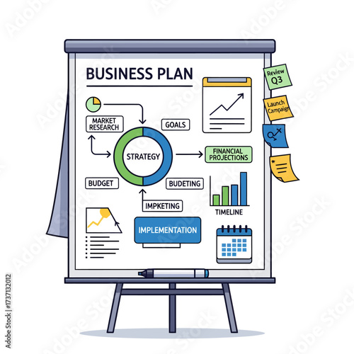 Business Plan Presentation on Flip Chart with Strategy and Implementation.