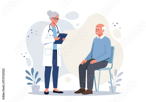 Doctor and patient medical consultation healthcare checkup senior man sitting on chair.