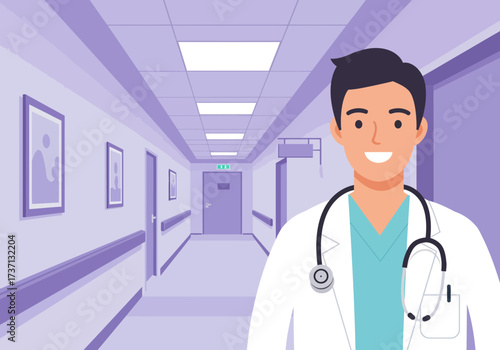 Smiling doctor in a white coat with a stethoscope in a hospital hallway.