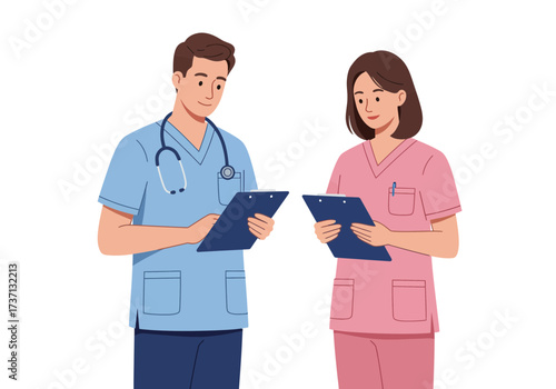 Two medical professionals reviewing patient charts healthcare workers nurses doctors.