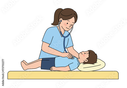 Doctor examining a child with a stethoscope in a medical setting.