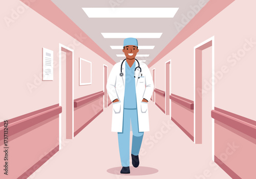 Smiling doctor walking down a hospital corridor wearing a stethoscope.