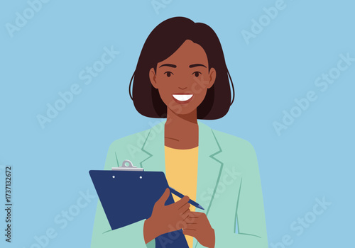 Smiling woman holding a clipboard and pen ready to take notes or conduct an interview.