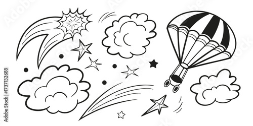 Hand drawn doodle of a parachute, clouds, and shooting stars
