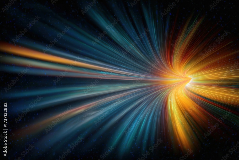Obraz premium Journey Through Light: A mesmerizing visual of radiant beams of light flowing into a brilliant golden core, illustrating a sense of limitless energy and vastness, a visual metaphor for journeys.
