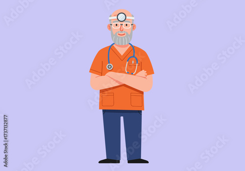 Doctor with stethoscope and headlamp standing with arms crossed medical professional.