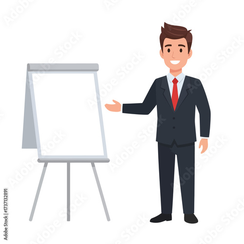 Businessman Presenting at Flip Chart with Red Tie and Dark Suit.