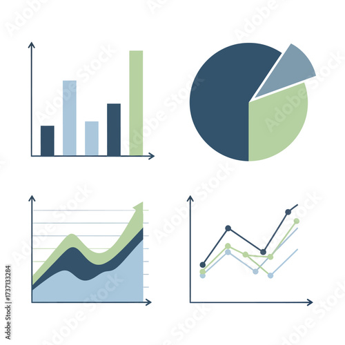 Diverse Data Visualization Charts Bar Pie Area and Line Graphs.