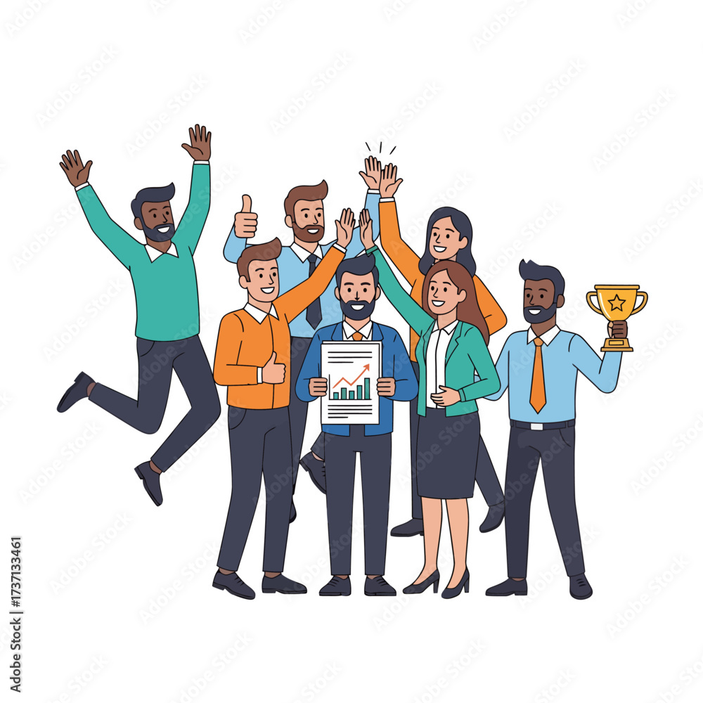 Obraz premium Diverse Team Celebrating Success with Trophy and Chart.