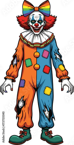 Sinister clown character, creepy costume, horror makeup, rainbow bow, scary face, Halloween theme, spooky vibe, cartoon style, eerie expression, unsettling design