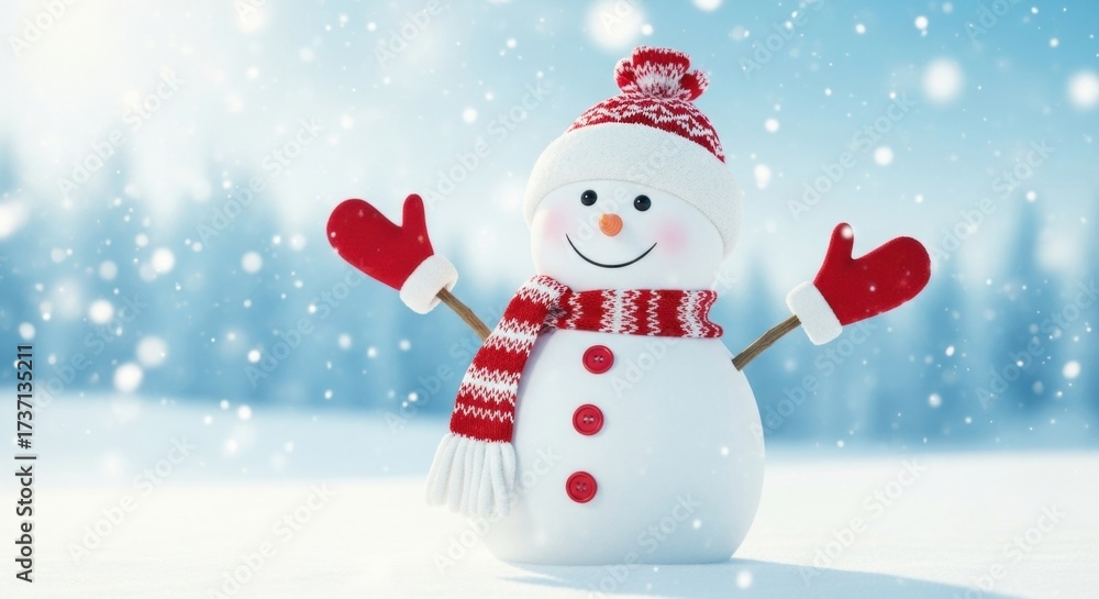 Fototapeta premium Cheerful Snowman with Red Accessories in a Snowy Winter Wonderland