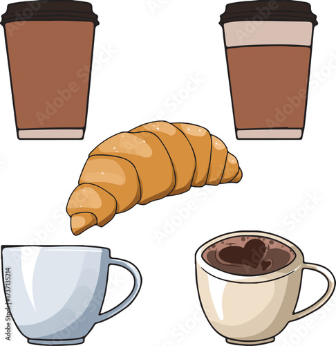 Breakfast Coffee and Croissant Vector Illustration Set
