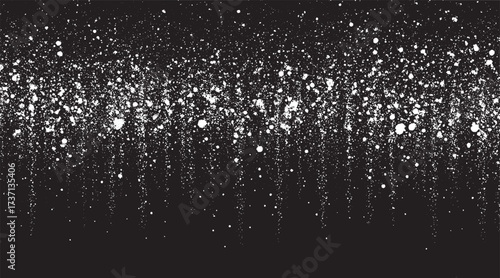 Black scratched grunge background, old film effect, space for text vintage effect, traces of antiquity. White dust particles on a dark background. Old black paper or cardboard for backdrop. Vector ill