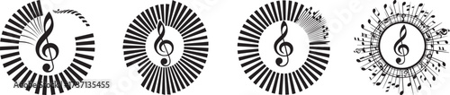 Abstract circular music design with treble clef and piano keys, black and white vector illustration of melody and harmony concept for concert, creativity, education, sound and artistic themes
