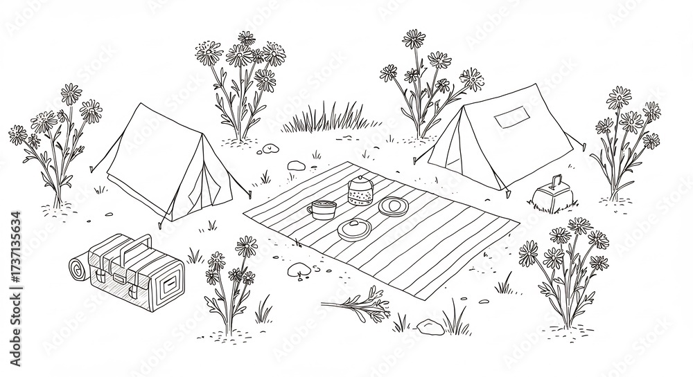 Fototapeta premium Clean line art illustration depicting a peaceful wilderness camp two tents a picnic setup and native plants. AI Generated