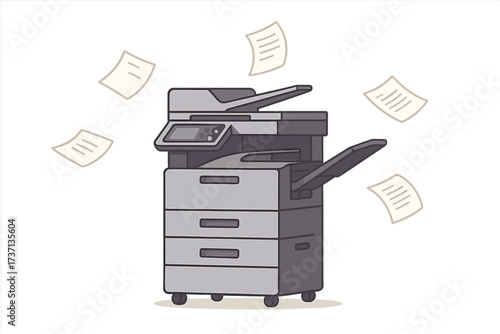 Professional office copier, multifunction printer printing paper documents. Photocopier machine for office work, paperwork, and administration. Vector illustration of flying sheets.