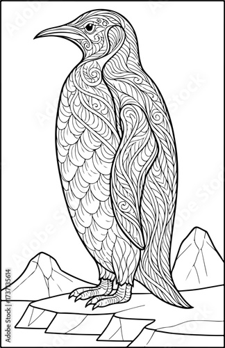 Penguin Standing On Rock With Mountain View Winter Coloring Page