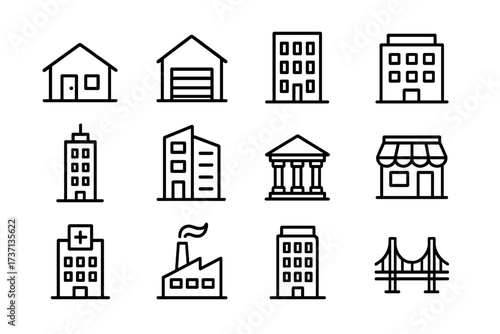 Building line icon set. Real estate and urban property symbols. House, hospital, bank, factory, store. Minimal vector pictogram collection for web and app design. Editable stroke.