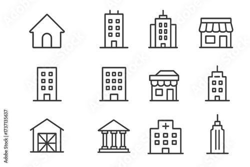 Building line icon collection. Thin line real estate and architecture symbols. Vector city elements: house, office, skyscraper, hospital, bank, store. Minimalist pictogram set.