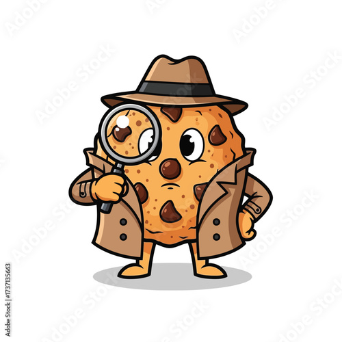 Vector illustration of a cartoon chocolate chip cookie dressed as a detective holding a magnifying glass to its eye