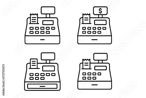 Cash register icon set. Vector line art bundle of till, checkout, payment symbols. Minimalist retail pictograms for finance, sales, store app & web design. Editable stroke.