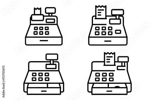 Cash register line icon set. Vector till and checkout pictogram bundle. Editable stroke symbols for retail, shopping, payment, and store. Minimalist finance graphics.