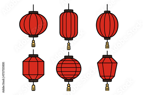 Set of red Chinese lanterns. Collection of oriental paper lamps for Asian New Year. Japanese festival decoration elements. Traditional holiday vector illustration icons set.