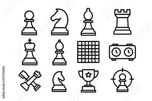 Chess outline icon set. Chessman collection with king, knight, rook, pawn. Board game, clock, and trophy cup. Business strategy metaphor. Editable stroke vector illustration.