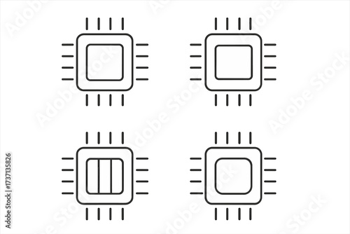 Chip line icon bundle. Minimal linear pictogram set with editable stroke. Microchip, processor, CPU, and circuit symbols for AI, technology, computer, and electronics design.