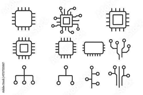 Chip and scheme line icon set. Editable stroke vector pictograms for technology, CPU, microchip, and circuit board design. Minimalist electronics and processor symbols.