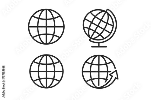 Globe line icon set. World, earth, and planet symbols. Global network, international travel, and geography concept. Minimalist outline pictogram collection for web and apps.