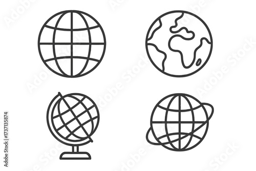 Globe and earth line icon set. Editable stroke pictogram collection. Minimalist linear symbols for world map, global travel, and international geography concepts. Vector design.
