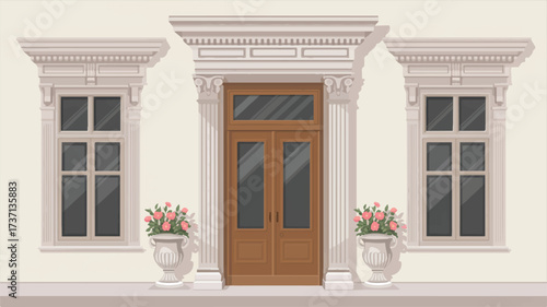 Vector art of elegant wooden double door with classical architectural details