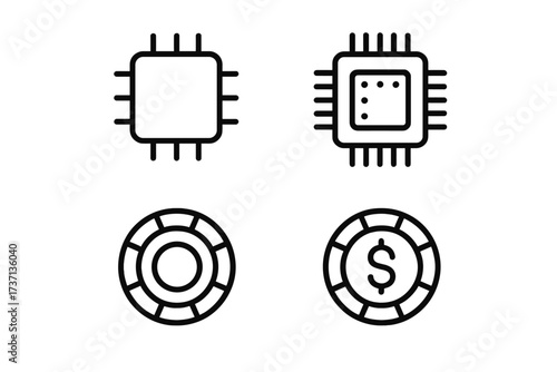 Chip icon set. Microchip processor and casino poker chips with dollar sign. Technology and finance concept. CPU, hardware, gambling, money, bet vector line pictogram.