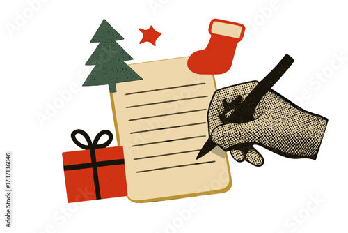 Christmas card collage with hand writing letter to Santa Claus. Xmas wish list concept. Retro paper cut out illustration with halftone texture. Vintage festive holiday design.
