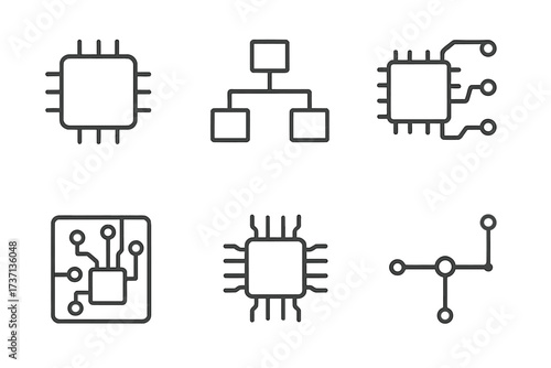 Technology line icon set. Microprocessor, CPU, and flowchart vector icons. Electronic chip and circuit board pictogram collection. Editable stroke for web and graphic design.