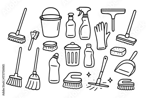 Cleaning tools and equipment vector icon set. Housekeeping supplies collection in hand-drawn doodle style. Household chores symbols: broom, mop, bucket, spray, brush. Isolated.