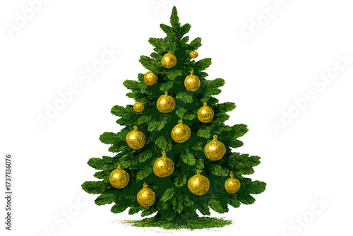 Christmas tree with golden balls isolated. Festive fir tree with gold ornaments illustration. Winter holiday, New Year symbol. Xmas greeting card design. Traditional pine.