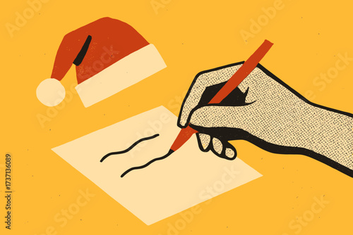 Hand writing letter to Santa Claus. Christmas wish list concept. Modern retro collage with paper cut out style. Halftone texture art. Minimal vintage vector illustration.