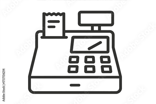 Cash register line icon. Checkout counter machine. Payment, sale, shopping concept. Retail store purchase. Supermarket till. Bill, receipt. Finance, commerce, business symbol.