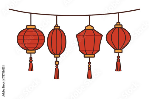 Chinese lanterns set. Paper lamps decoration hanging on string. China New Year festival lights. Lunar holiday traditional Asian flat decor with tassels. Vector illustration.