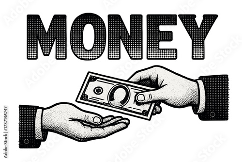 Money transaction concept. Hand giving cash banknote. Payment, bribe, salary, loan. Financial deal. Business finance metaphor. Retro halftone vintage vector illustration design.