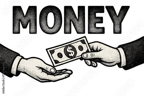 Money concept. Hand giving dollar cash. Payment, transaction, bribe, corruption, donation. Financial deal. Business economy. Retro vintage halftone typography vector illustration.