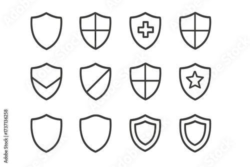 Shield line icon set. Vector symbols for security, protection, safety, defense, guard. Minimalist pictograms with editable stroke for web, app, UI design. Insurance, medical.