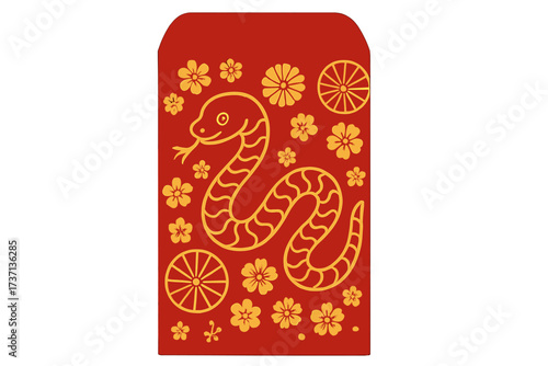 Chinese New Year 2026, Year of the Snake. Vector illustration of a traditional lucky red envelope. Golden zodiac snake, flowers and parasols on a red money pocket (hong bao).