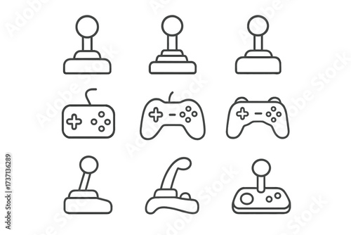 Video game controller and joystick line icon set. Gaming, console, and arcade gamepad pictograms. Editable stroke for app and web design. Esports and entertainment symbols.
