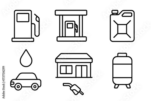 Gas station line icon set. Fuel pump, car, canister, and petrol symbols. Vector outline icons for transport, energy, and automotive industry. Simple pictogram collection.